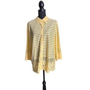 Alfred Dunner Women's Yellow Laser-Cut Semi-Sheer Button-Down Blouse Size L